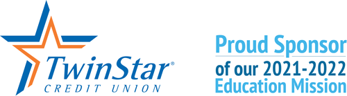 Twinstar Credit Union logo with text Proud Sponsor of our 2021-2022 Education Mission